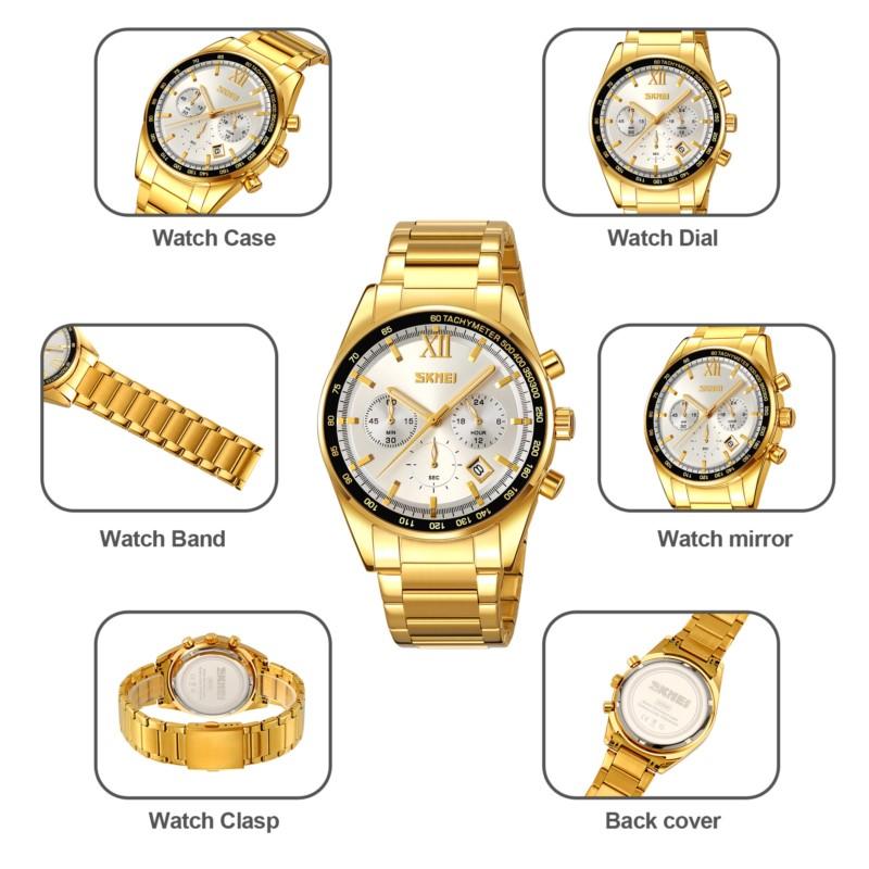 SKMEI High-grade Business Luxury Men Quartz Dual Display Watch Stainless Steel Business elites Waterproof Wristwatches Male 9096