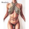 Shiny Halter Thong Bikini Women Swimwear Female Swimsuit Bikini Set Wrap Around Bather Bathing Suit