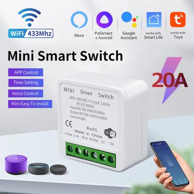 20A Tuya WiFi Mini DIY Smart Switch Module 2-стороннее управление 433 МГц Работает с приложением Tuya Smart Life Alexa Google Home Voice Control