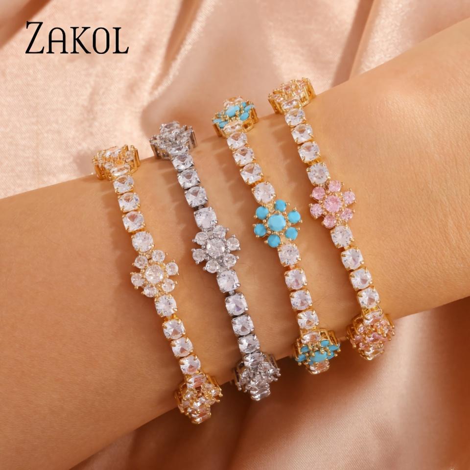 ZAKOL Elegant Pink Turquoise Flower Zirconia Tennis Bracelet For Ladies Girls Fashion Wrist Accessories Daily Party Jewelry Gift