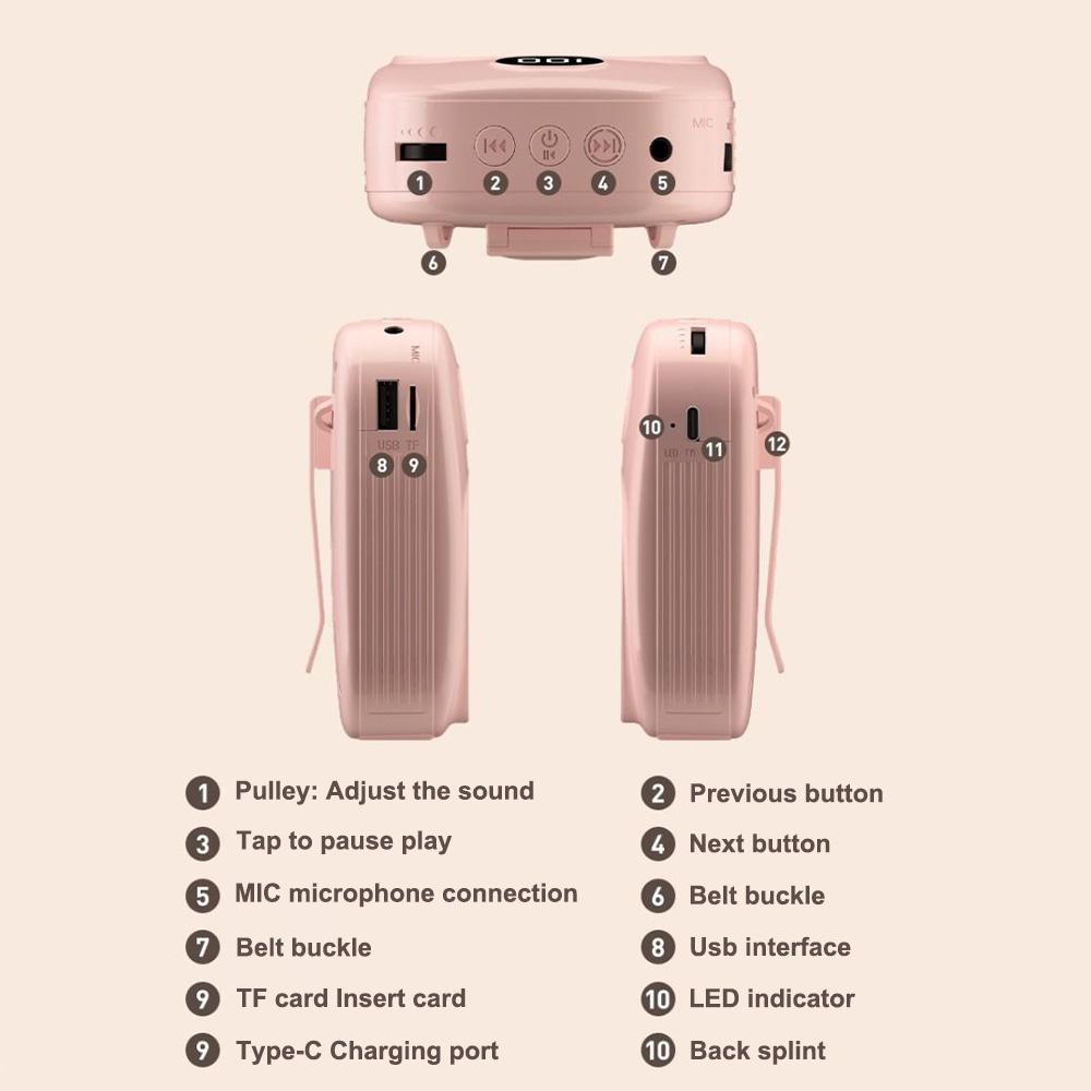 Voice Amplifier Portable Megaphone PA System with Wired Head Mounted Microphone BT Wireless