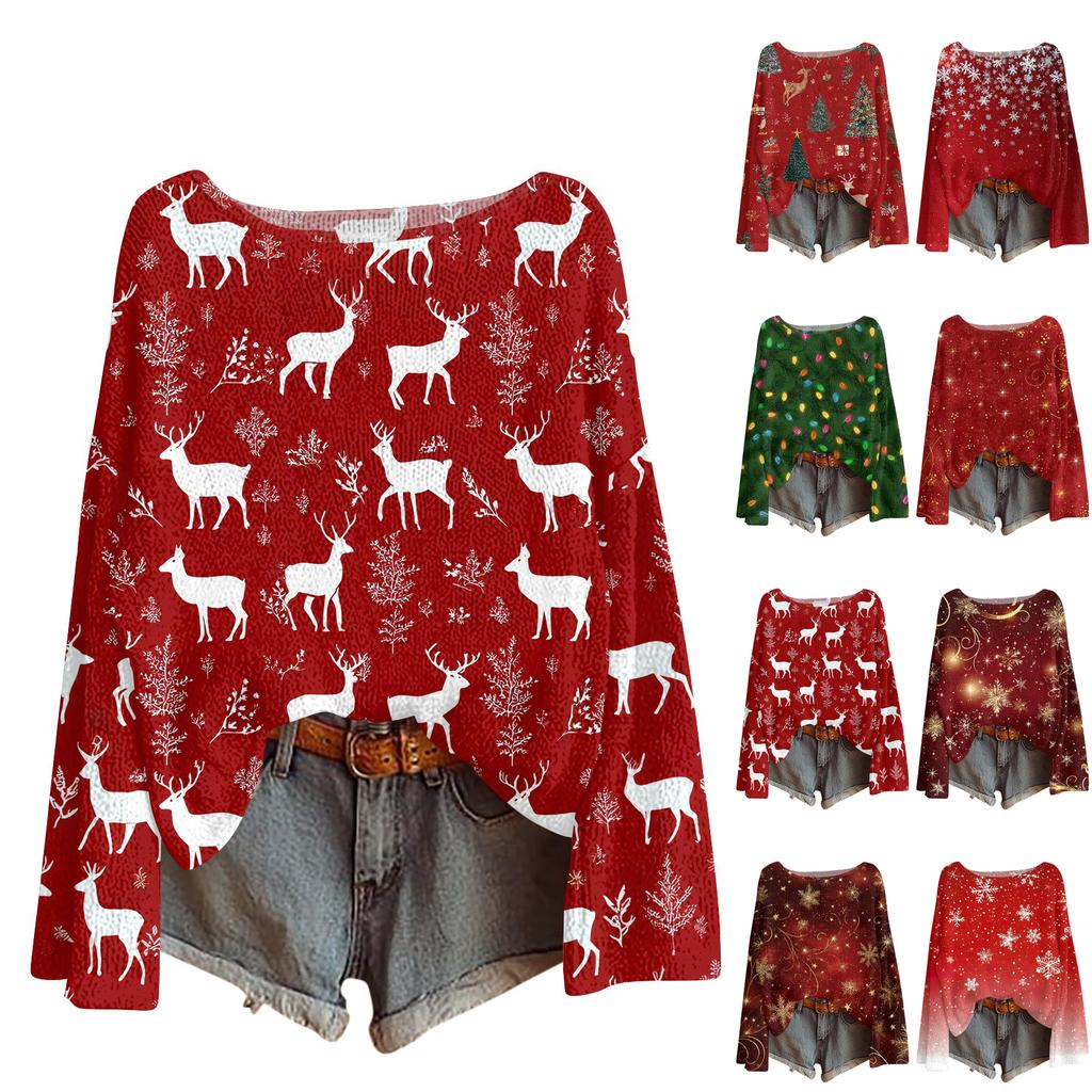 Women's Round Neck Lightweight Sweater Casual Long Sleeve Christmas Print Knit Pullover.