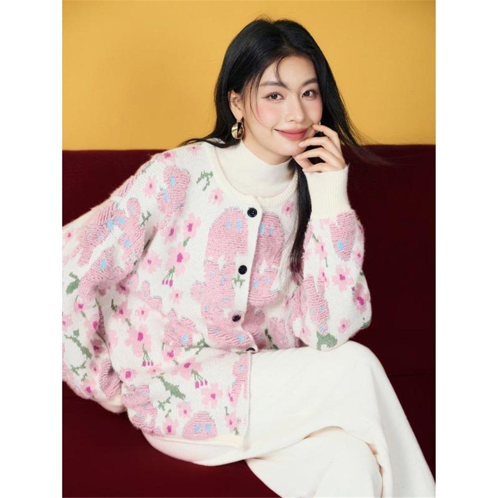 Sweaters Flower Coat Pink Cardigan Autumn Women Print O-Neck Bat Sweaters Knitting Loose Sweater Green