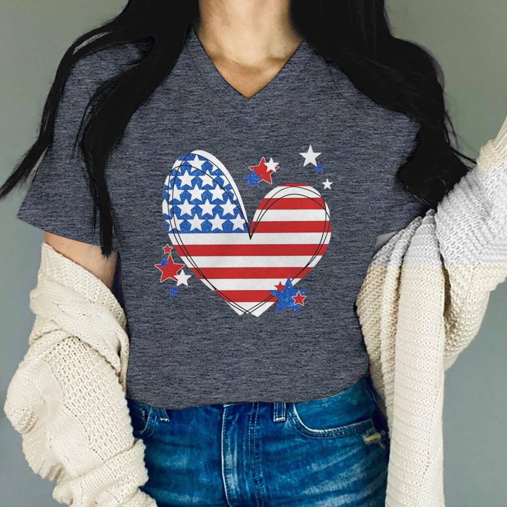 Usa Flag Heart Design Short Sleeve Tee Usa Flag Design For Independence Day V Neck Tshirt Usa Flag Tee 4th Of July Classic Tops