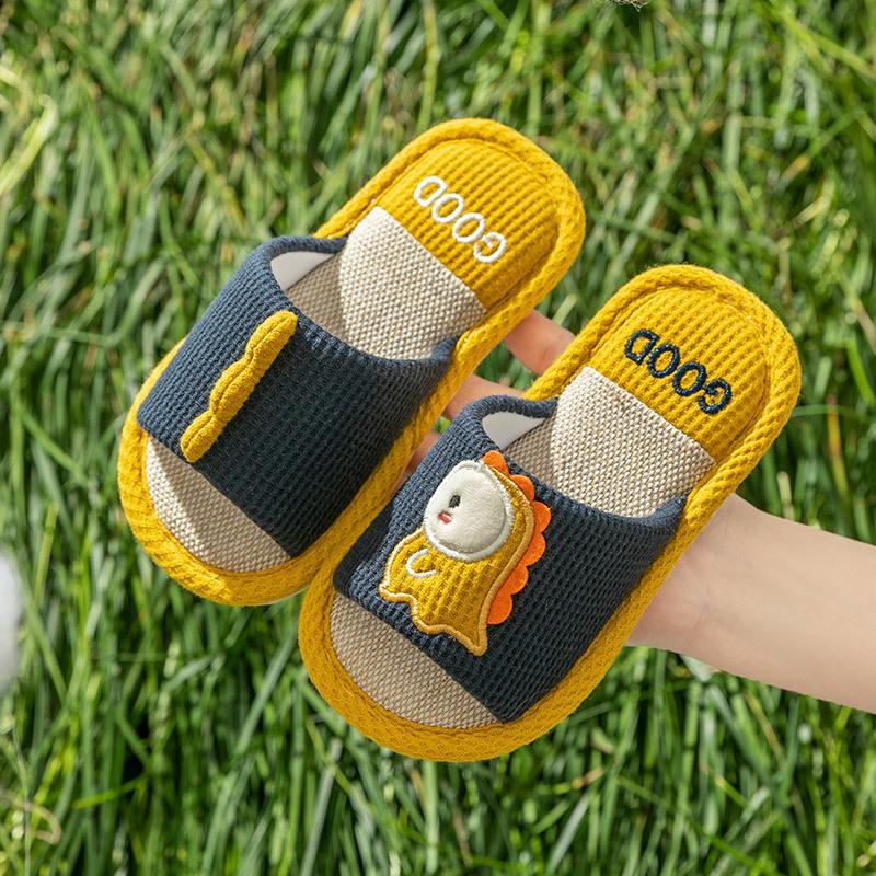 Children's Dinosaur Linen Slippers Female Spring and Autumn Seasons Home with Soft Bottom Cartoon Parent-child Cotton Linen Slippers Wholesale