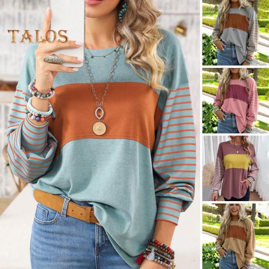 Женская футболка с круглым вырезом и длинным рукавом в полоску контрастного цвета свободного кроя, эластичная дышащая футболка-пуловер