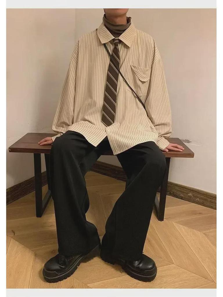 Men's Khaki Striped Shirt – Autumn Cityboy Japanese Retro Style