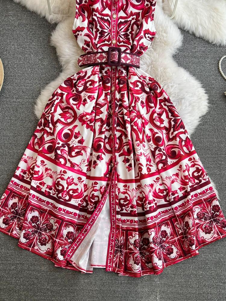 Summer Women Lapel Single Breasted Brand Designer Vintage Print Sleeveless Tank Runway Party Dresses with Belt