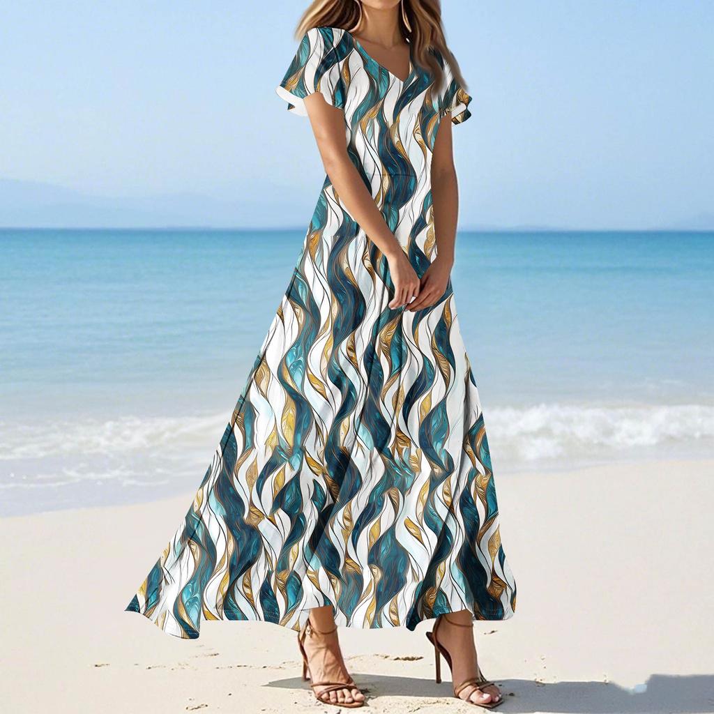 Женские повседневные модные длинные платья с принтом, платья с V-образным вырезом и коротким рукавом