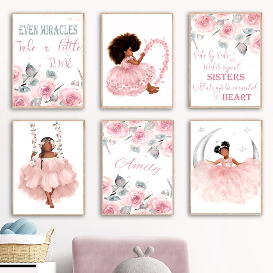 Розовая принцесса, бабочка, единорог, корона, имя на заказ, настенное искусство, холст, живопись, постеры и принты, фотографии для девочек, декор для детской комнаты