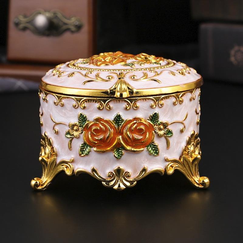 European Rose Round Jewelry Box Vintage Home Enamel Dressing Table Metal Storage Box
