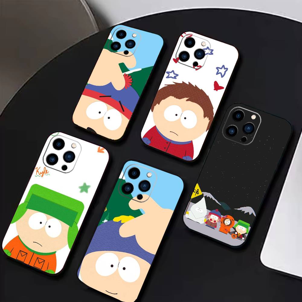 S-South P-Park Cartoon Phone Case For iPhone 17 16 15 14 13 12 Max Plus Silicone Black Cover