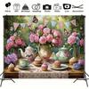2D Vintage Tea Party Backdrop Pink Roses Teapot Cupcake Garden Background