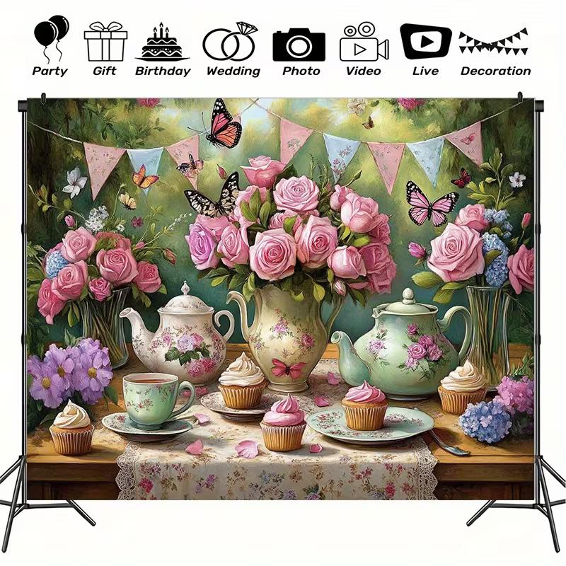 2D Vintage Tea Party Backdrop Pink Roses Teapot Cupcake Garden Background