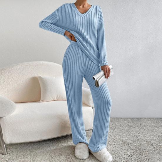 2 шт./компл., свитер, брюки, костюм, нить, V-образный вырез, сплошной цвет, вязаные свободные карманы, эластичная талия, повседневная мягкая домашняя одежда с широкими штанинами, осенне-зимний пижамный комплект