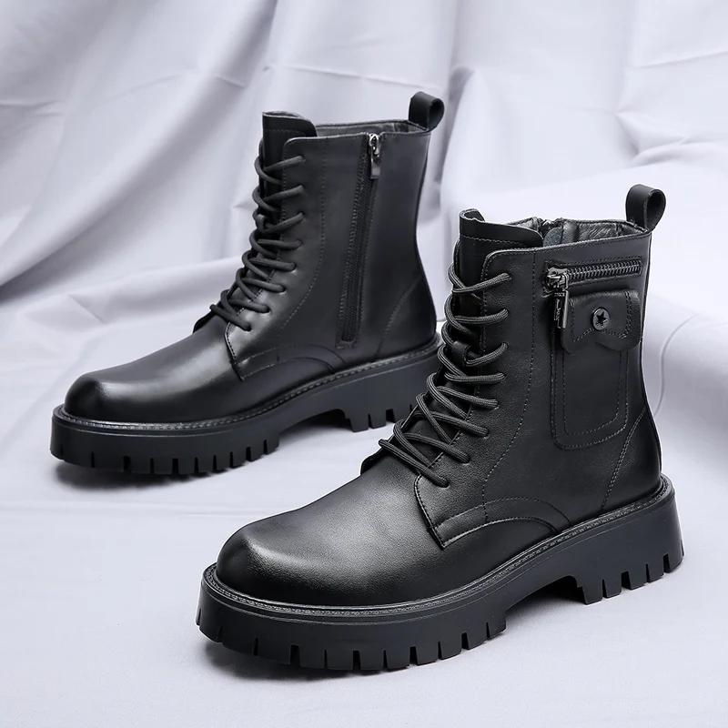 Spring Men's Thick Soled White Denim Boots Brand Lace Up Side Zipper Motorcycle Boots Men Round Toe Boots Leather High Top Shoes