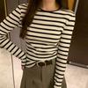 Pullover Round Neck Striped Off-shoulder Knitwear with Women's New Fashion Age-reducing Long-sleeved Slim Bottoming Top