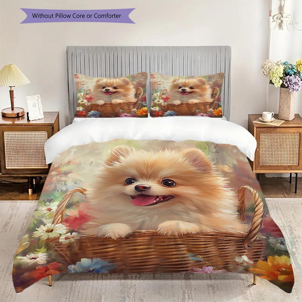 Pomeranian Pattern Bedding Quilt Set Quilt Cover Pillowcase Home Decoration Birthday Gift (1 * duvet cover + 2 * pillowcase, without core)