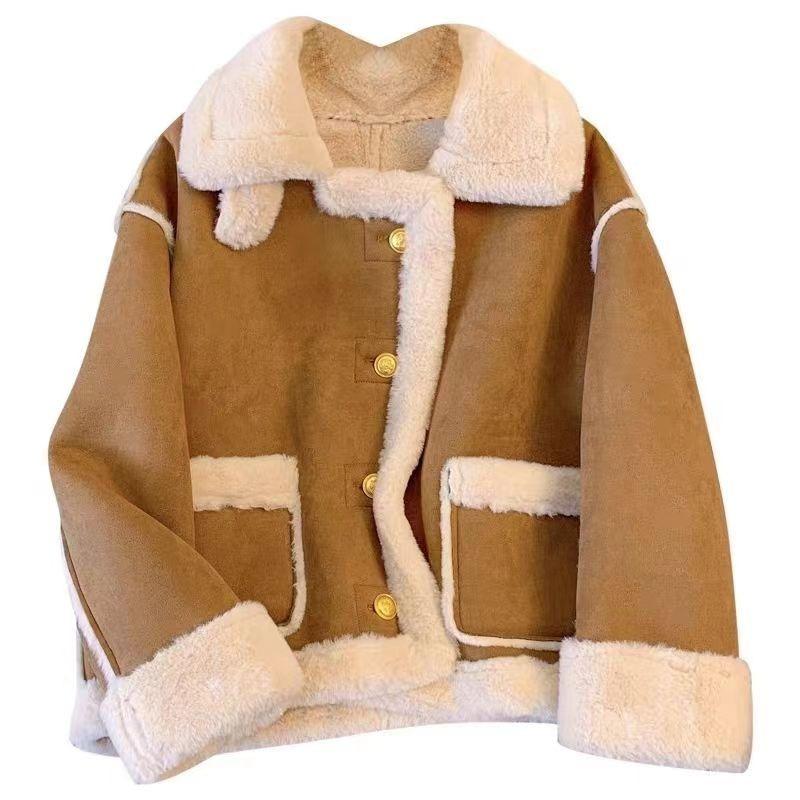 Женская утолщенная свободная кашемировая куртка в стиле пэчворк, зимняя однотонная куртка с длинным рукавом, теплое повседневное пальто, однобортная верхняя одежда