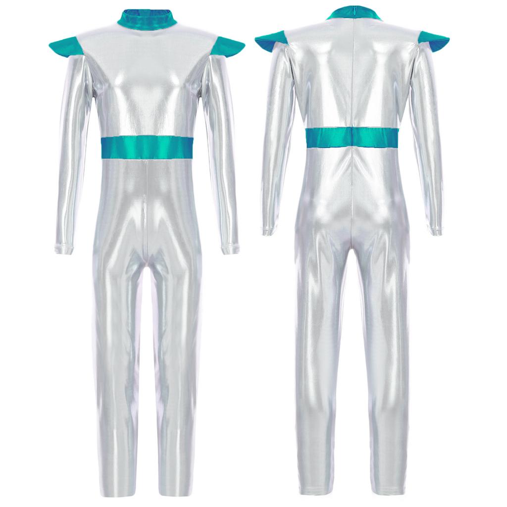 Girls Alien Cosplay Costume Space Astronaut Robot Jumpsuit Long Sleeve Shiny Metallic Bodysuit For Halloween Christmas Dress Up