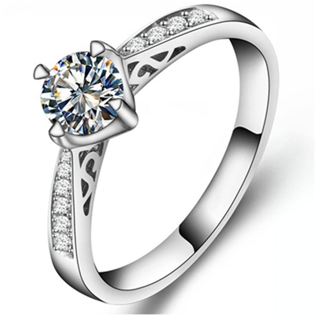 Carat 4 Prong Hollow Style NSCD Diamond Ring for Women Engagement Jewelry Wedding Band Anniversary 18K White Gold Plated 0.5