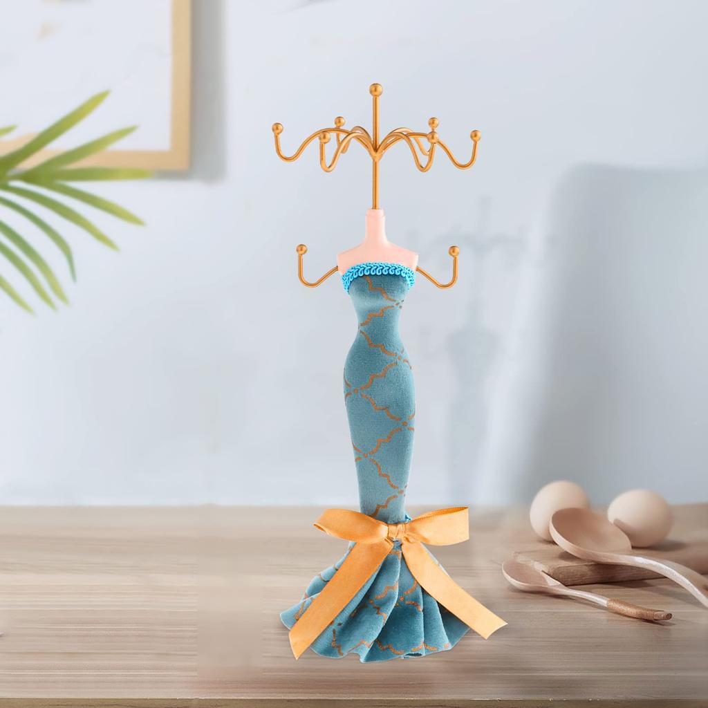 Элегантная подставка для украшений для женщин Синий манекен Платье принцессы Подставка-держатель для ожерелий и серег с золотыми акцентами