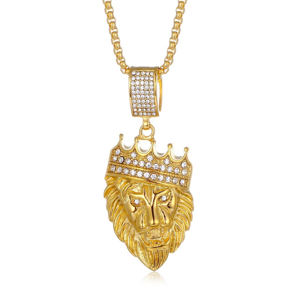 Hot-selling Hip Hop Jewelry Titanium Steel Gold-plated Diamond-studded Lion Head Pendant Necklace
