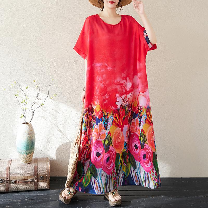 DIMANAF 2025 Летнее Женское Платье Большого Размера Свободное Длинное Пляжное Базовое Повседневное Платье Винтажный Цветочный Принт Праздничное Платье