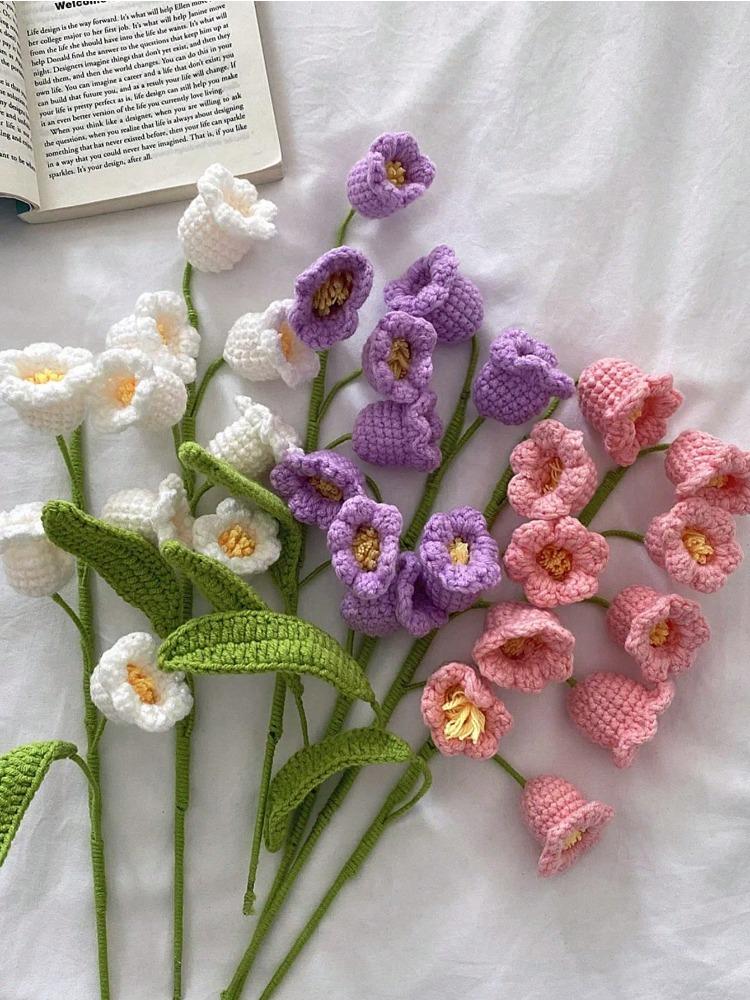 3PCS Artificial Crochet Flowers Handmade Knitting 5Heads Lily of The Valley Woven Flowers with Stems for Valentine's Gifts Home Wedding Party Office