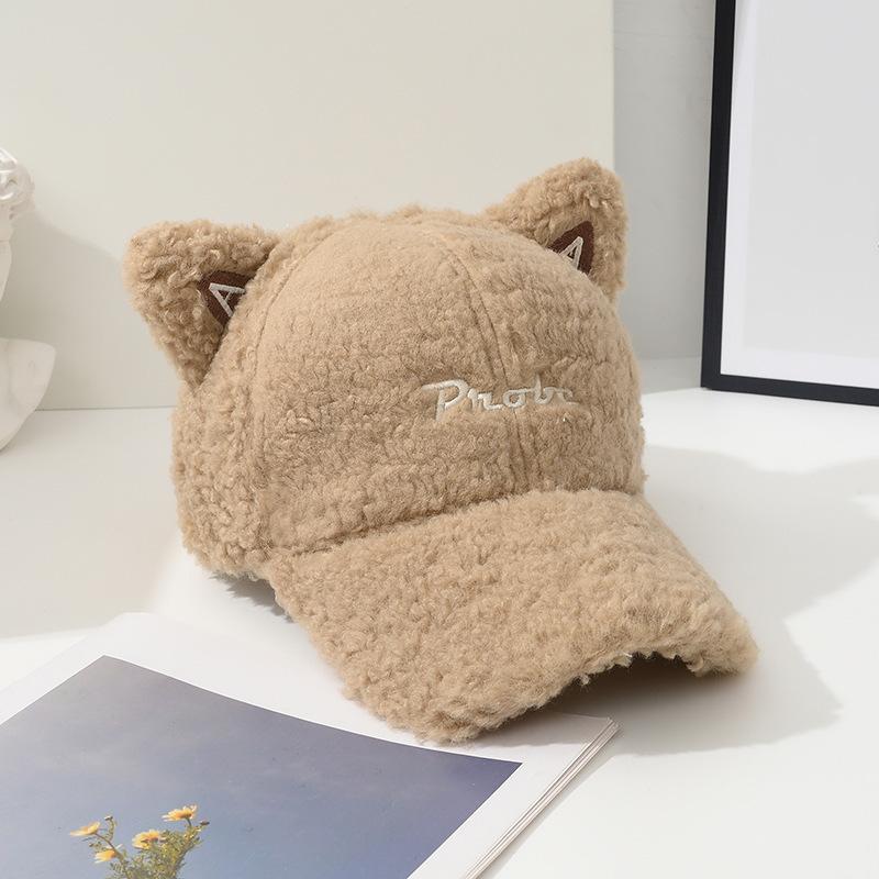 Осенне-зимняя бейсболка из овечьего меха, теплая и глубокая, регулируемый обхват головы, плюшевая бейсболка, милые мультяшные кошачьи ушки