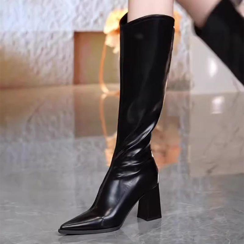 Pointed High-heeled Boots Women's 2025 Autumn and Winter New Thin Versatile Knight Boots But Knee Thick Heel Back Zipper Boots