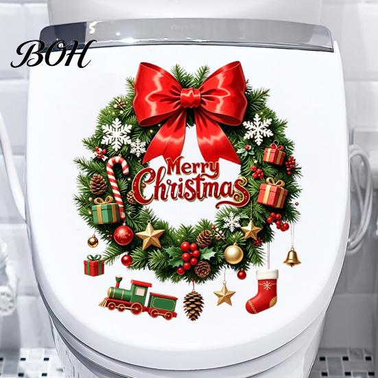 Self Adhesive Toilet Lid Decal Christmas Wreath Decal, Merry Bow Seat Sticker, Waterproof Pvc Wall Stickers Tank Decals, Self-Adhesive Bathroom