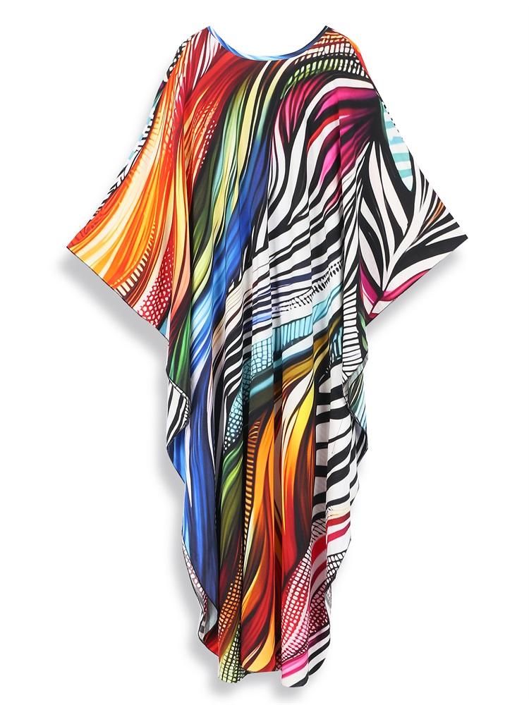 EDOLYNSA Colorful Striped Print Plus Size Retro Kaftan V-neck Side Split House Dress 2024 Summer Women's Beach Swimsuit Cover Up Q1628