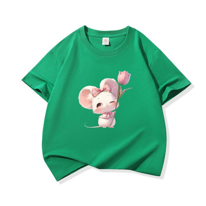 Kids Cotton T Shirt Charming Mouse With Pink Tulip Flower Print Crew Neck Short Sleeve Tee Casual Boys Girls Summer Tops