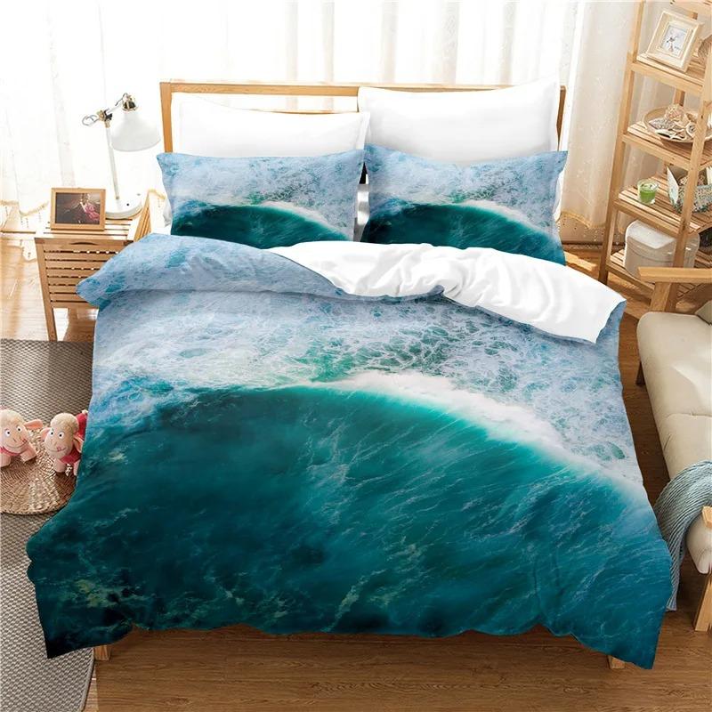 Sea Wave Duvet Cover King/Queen Size 3D Blue Ocean Spray Waves Bedding Set for Kids Teens,Azure Seawater Soft Comforter Cover
