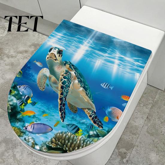 Moisture Resistant Bathroom Art Sea World Toilet Lid Stickers, Waterproof Wall Sticker, Easy Washable PVC Decorations Peel & Stick Decal for Restroom