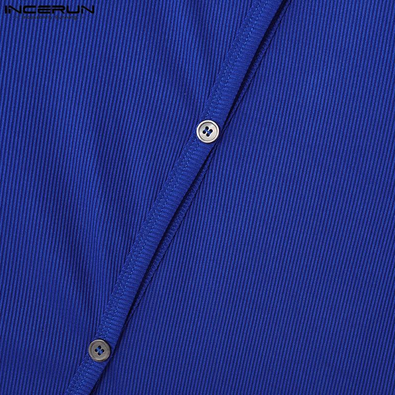 INCERUN Летние мужские повседневные футболки с воротником-стойкой и короткими рукавами с боковыми пуговицами в рубчик