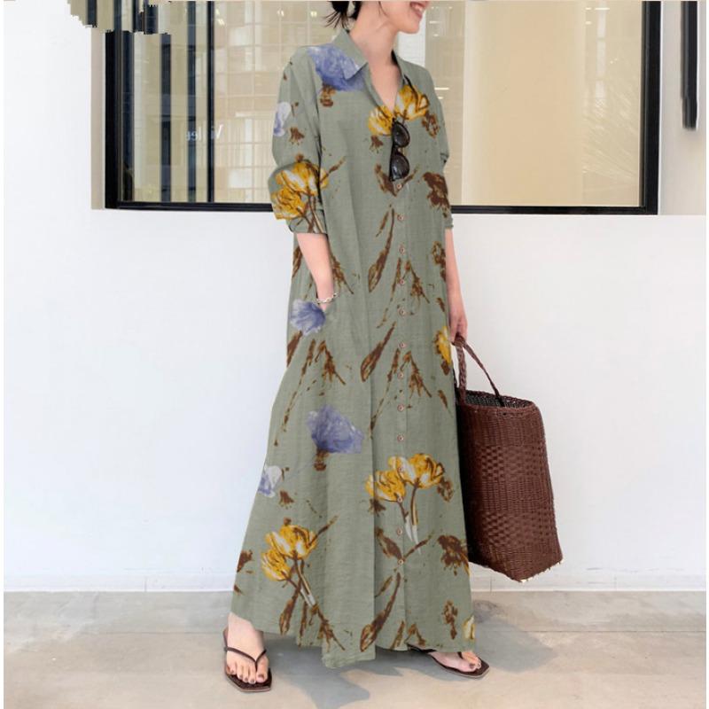 Colorful Lapel Long Sleeved Pocket Simple Loose Casual Long Cardigan Dress