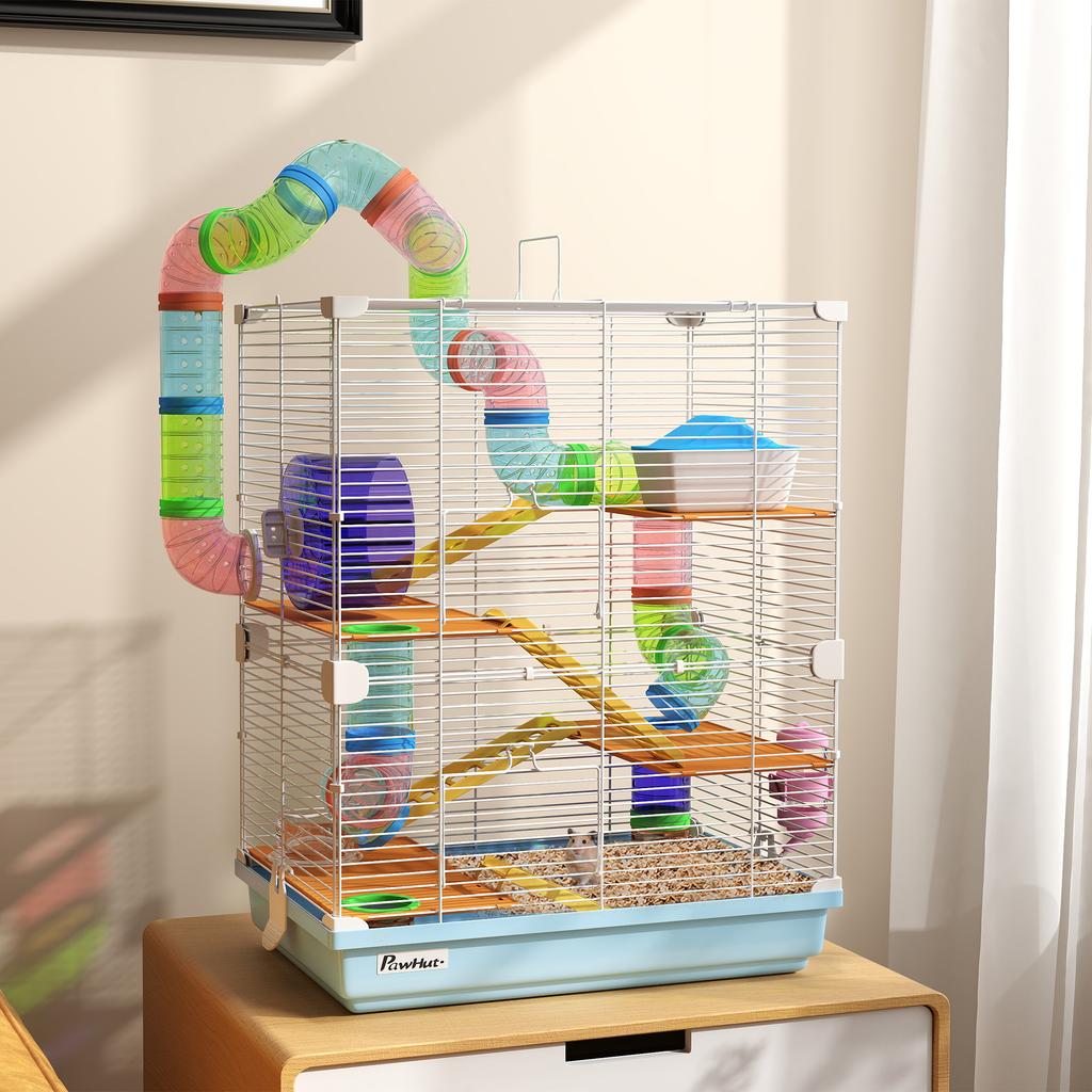 5 Tier Hamster Cage Carrier Habitat W Exercise Wheels Tunnel Light Blue