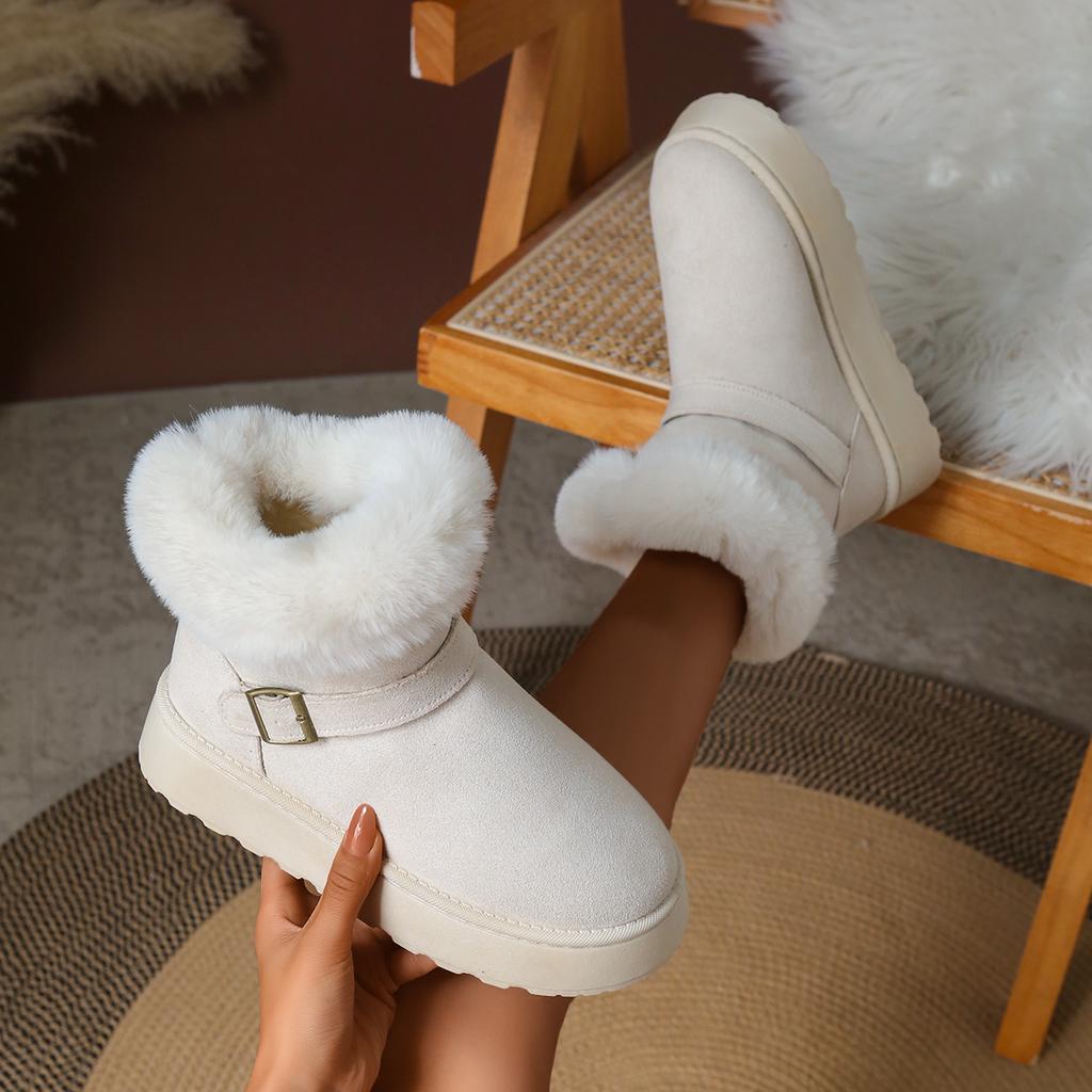 Fashion Fashion Metal Belt Buckle Fur Snow Boots Women 2025 Winter Warm Furry Ankle Boots Fashion Non Slip Thick Bottom Booties Size 42