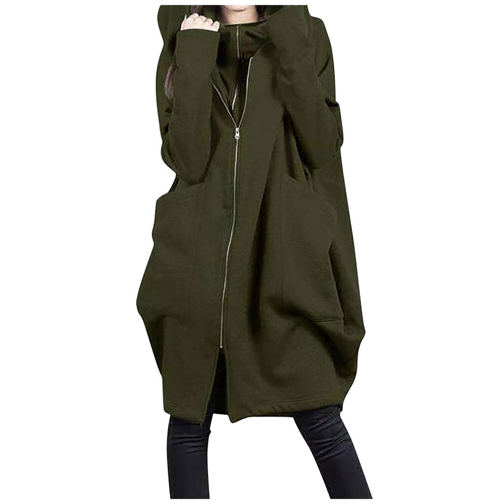 Women's Fashion Casual Solid Color Hooded Pocket Long Sweatshirt With Zipper, Mid-Length Fake Two-Piece Loose Coat