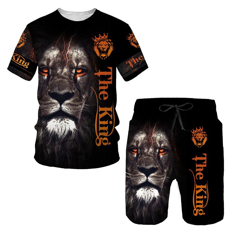 Летний спортивный костюм Ferocious Lion, повседневная мужская футболка с принтом в виде 3D-принта, шорты, мужская спортивная одежда с коротким рукавом, комплект из 2 предметов одежды