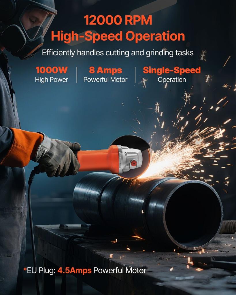 Angle Grinder, 114.3mm Electric Grinder Power Tool, 4.5Amps 12000RPM High-Speed Corded Angle Grinders with Adjustable Dust Guard for Metal Grinding,