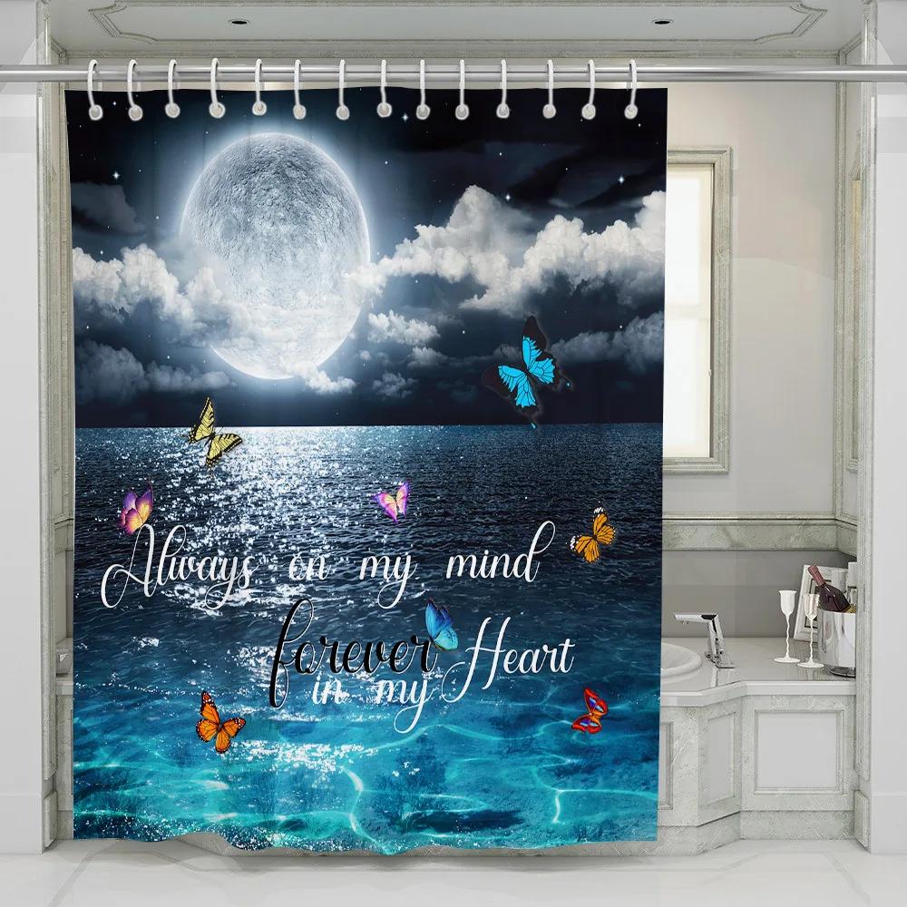 Full Moon Orchid On The Sea Landscape Shower Curtain Set Butterfly Marine Beach Turtle Wooden Board Background Bathroom Curtain