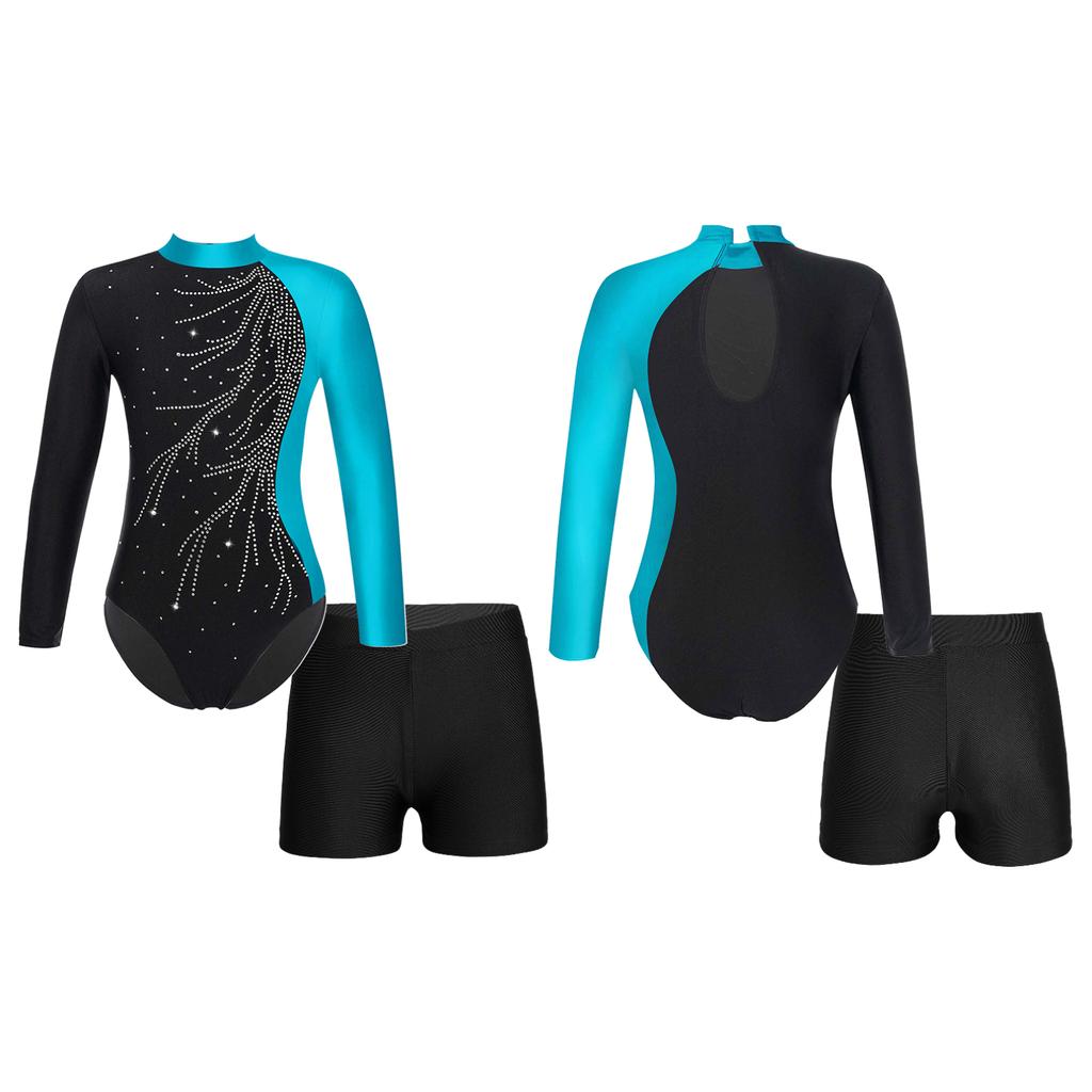 Girls Long Sleeve Gymnastics Leotard Unitard with Shorts 2 Piece Outfits Ballet Dance Bodysuit Biketard Dancewear