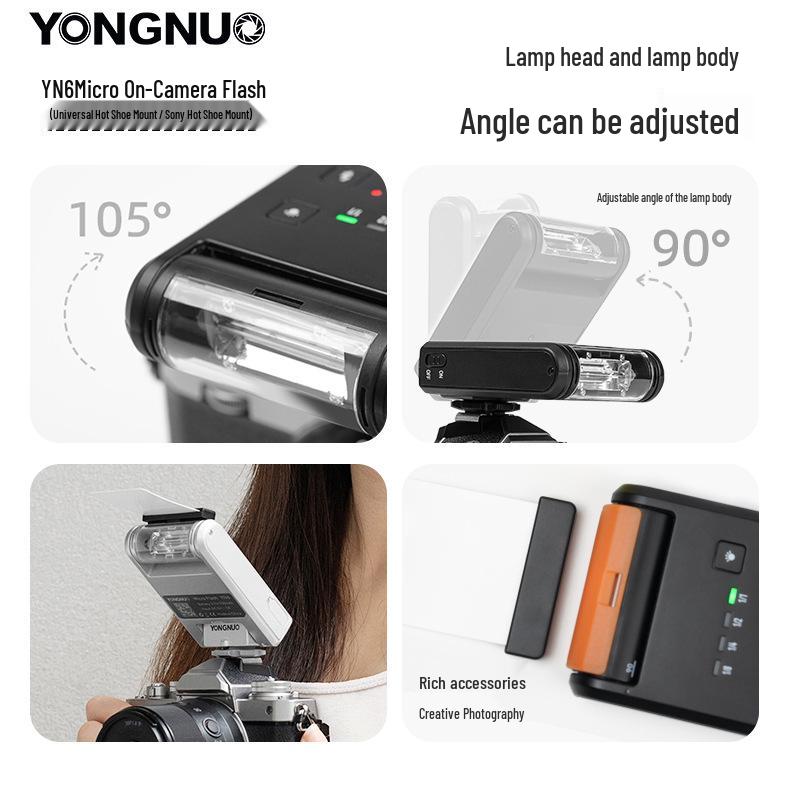 Мини-вспышка Yongnuo YN6 для установки на камеру со встроенным аккумулятором для беззеркальных камер Nikon и Fuji с креплением «горячий башмак»