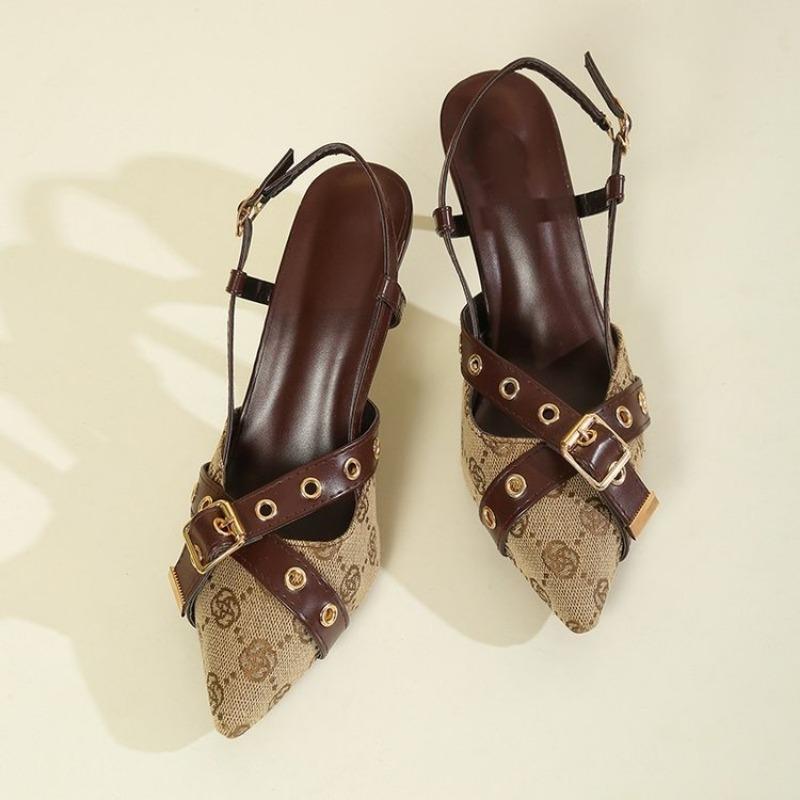 Women's Fashion Baotou Sandals Spring New Pointed Head Shallow Mouth Metal Buckle Anti-slip Wear-resistant High Heels