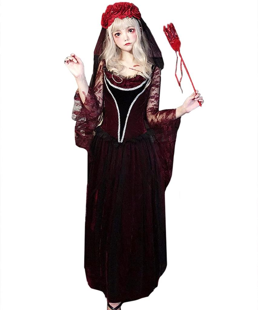 [Milky Time] Vampire Halloween Cosplay Bride Zombie Costume with Rose and Red Veil Set