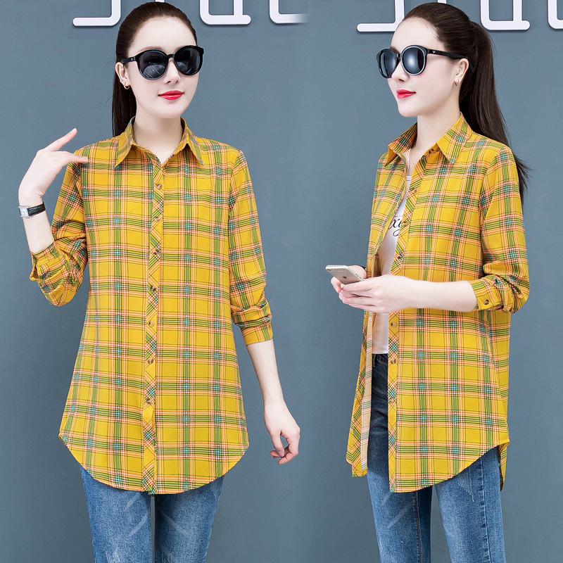 Женское клетчатое платье-рубашка: Пижама бойфренда в корейском стиле с длинными рукавами и средней длиной в красном, синем и желтом цветах. Стройный, но свободный и сексуальный.