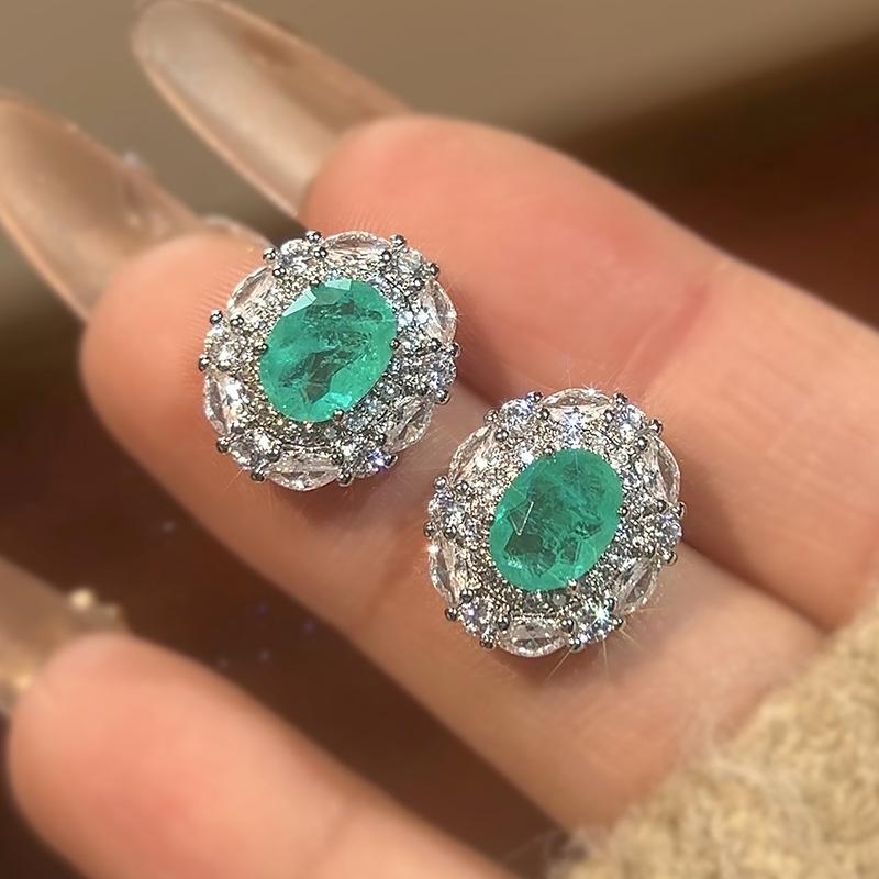 Huayue Jewelry Set S Silver Needle Earrings Necklace Simulation Paraiba Emerald Female